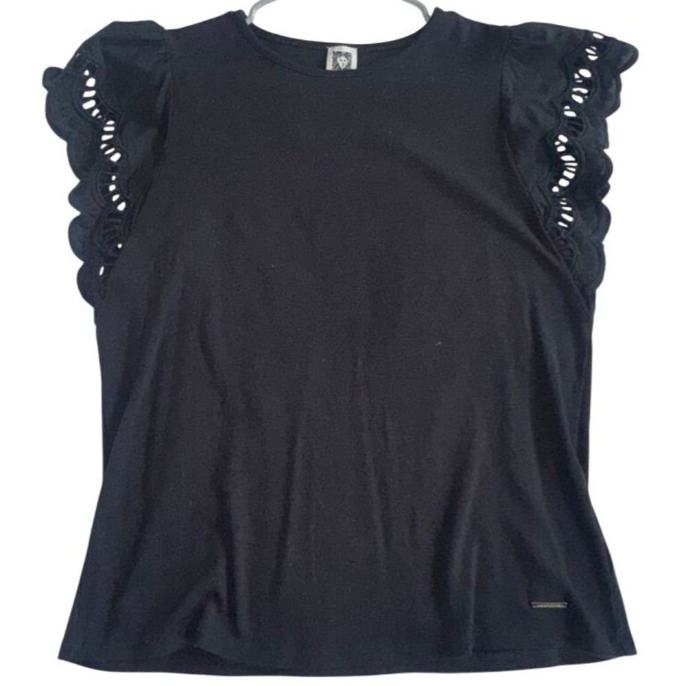 Anne Klein Black 100%‎ Cotton Eyelet Flutter Sleeve Knit Top Large L